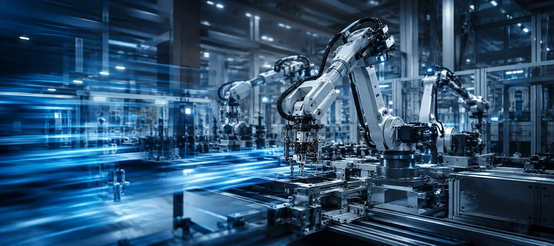 Otomasyon ve hassas üretimi temsil eden robotik üretim hattı